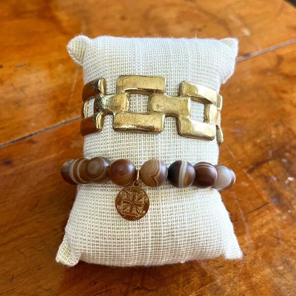 Rustic Cuff Set of Two Bracelets Natural Stone Brass Bangle Stretch Bracelets - Picture 1 of 3